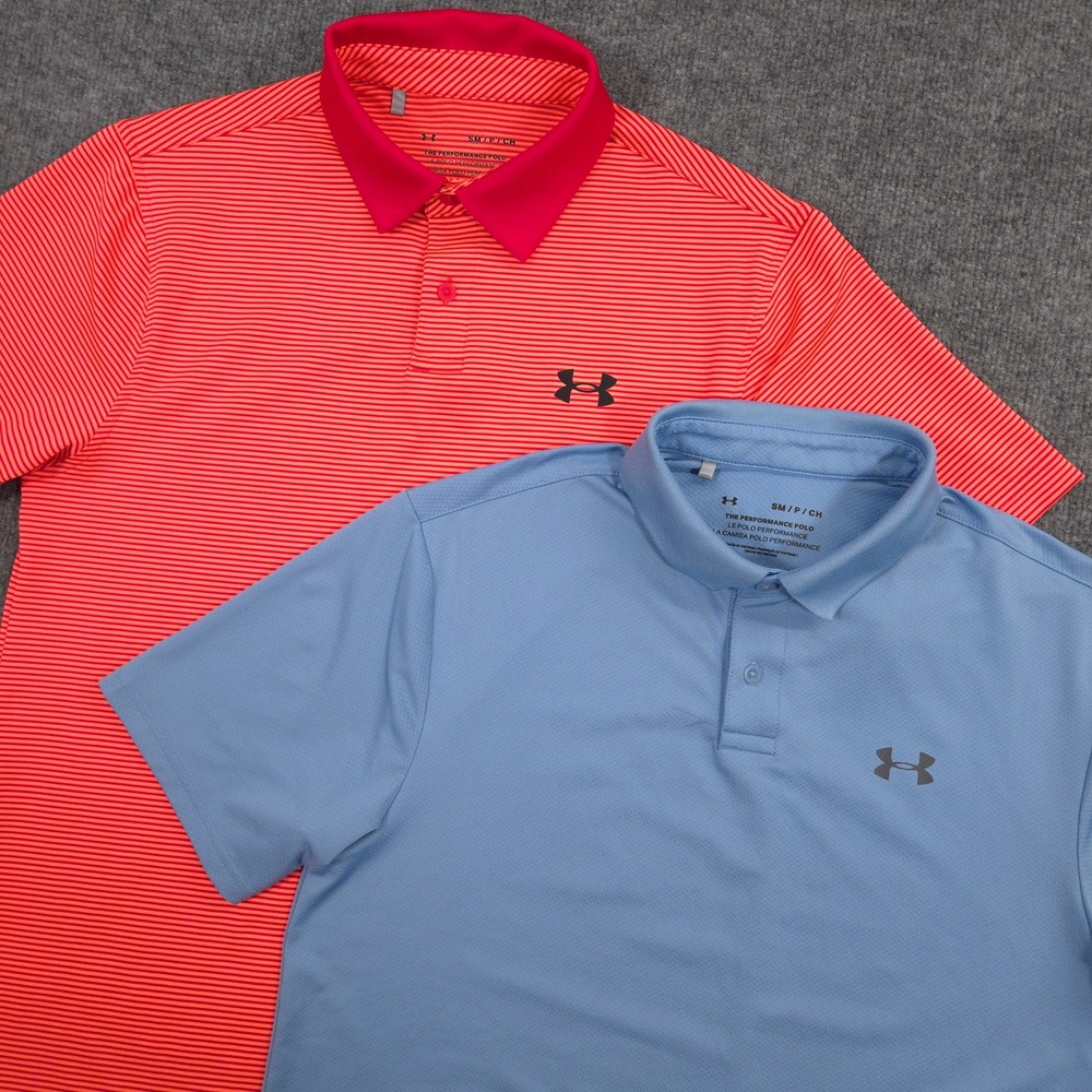 Lot of 2 Under Armour Performance Polo Shirts Mens S Blue Burgundy Striped Golf